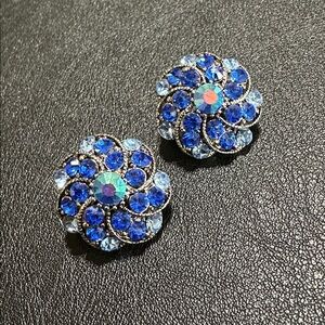 7.   Liz Claiborne Clip On New Blue Rhinestone Silvertone Earrings
